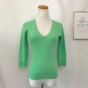 J Crew green cable knit v neck cashmere sweater